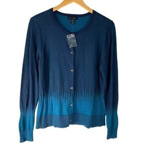 H by Halston Ombre Cardigan Sweater Women‎ M Teal Blue Ribbed Career Preppy NWOT